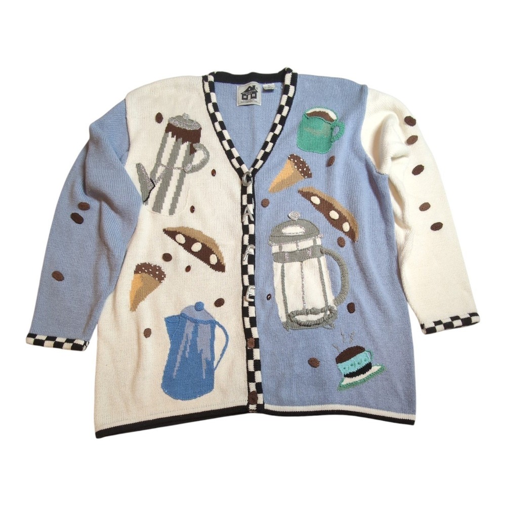 Storybook Knits Coffee Cafe Cardigan Sweater Women 1X Blue White Novelty Vtg